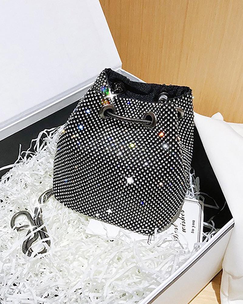 

Allover Rhinestone Chain Bucket Evening Bag, Black
