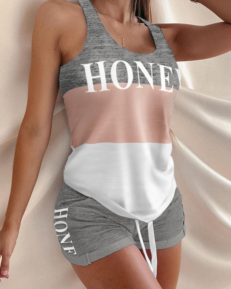 

Letter Print Colorblock Sleeveless Pajamas Set, Gray