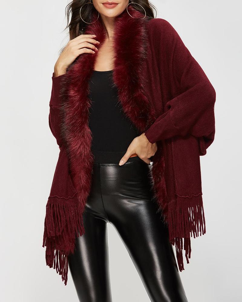 

Open Front Tassel Design Fur Collar Cape Coat, Dark red