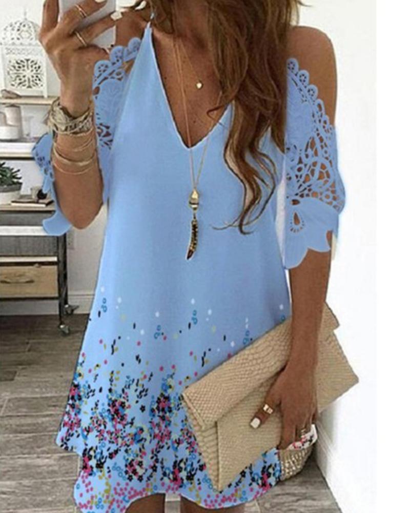 

Multicolor Floral Print Lace Hollow-out Short Sleeve Mini Dress, Blue