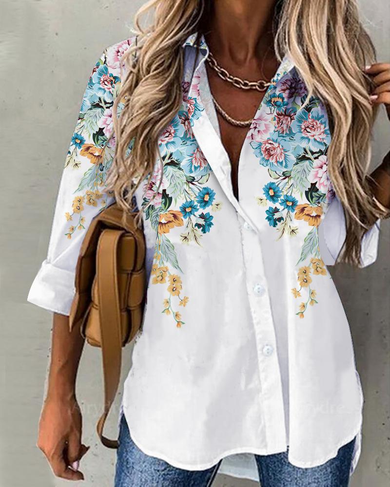 

Floral Print Button Up Long Sleeve Shirt, White