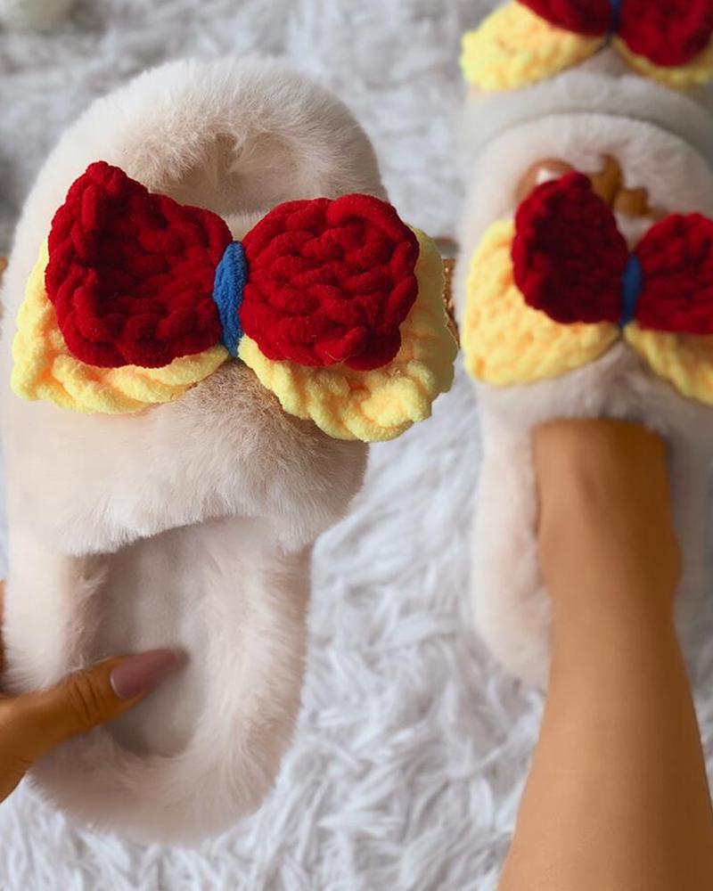 

Braided Bowknot Fluffy Slipper, Beige
