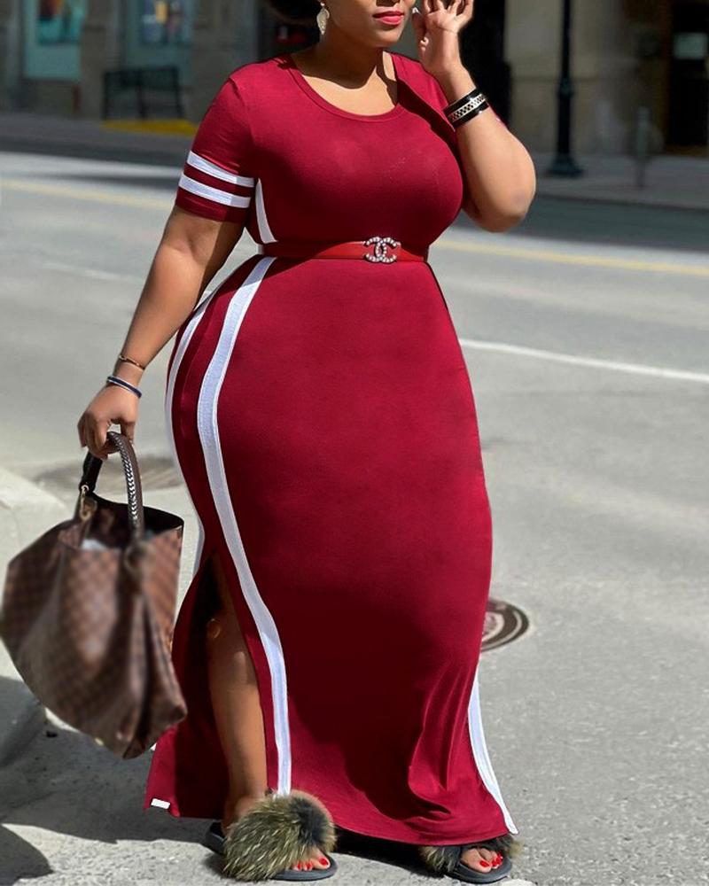 

Plus Size Contrast Paneled Split Hem Casual T-shirt Dress, Red