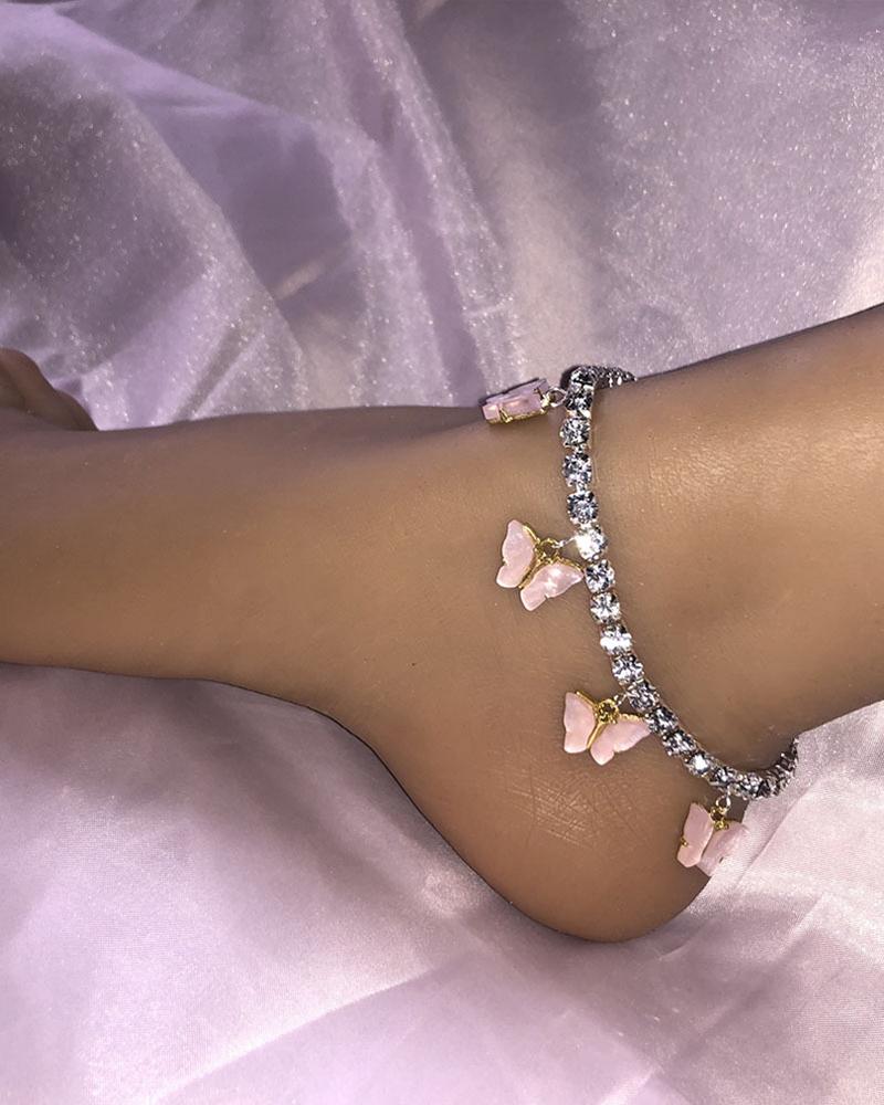 

Butterfly Pattern Rhinestone Decor Anklet, Pink