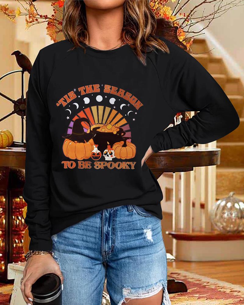 

Halloween Graphic Print Long Sleeve Sweatshirt, Black