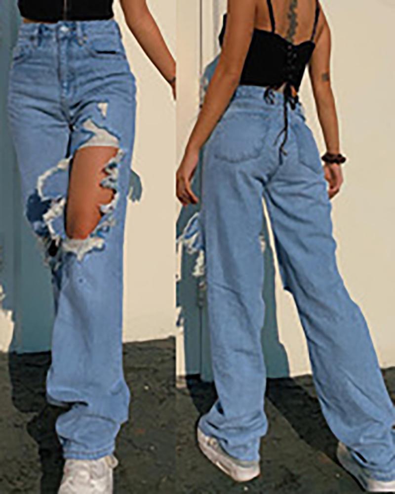 

Ripped Cutout Wide Leg High Waist Denim Pants, Blue