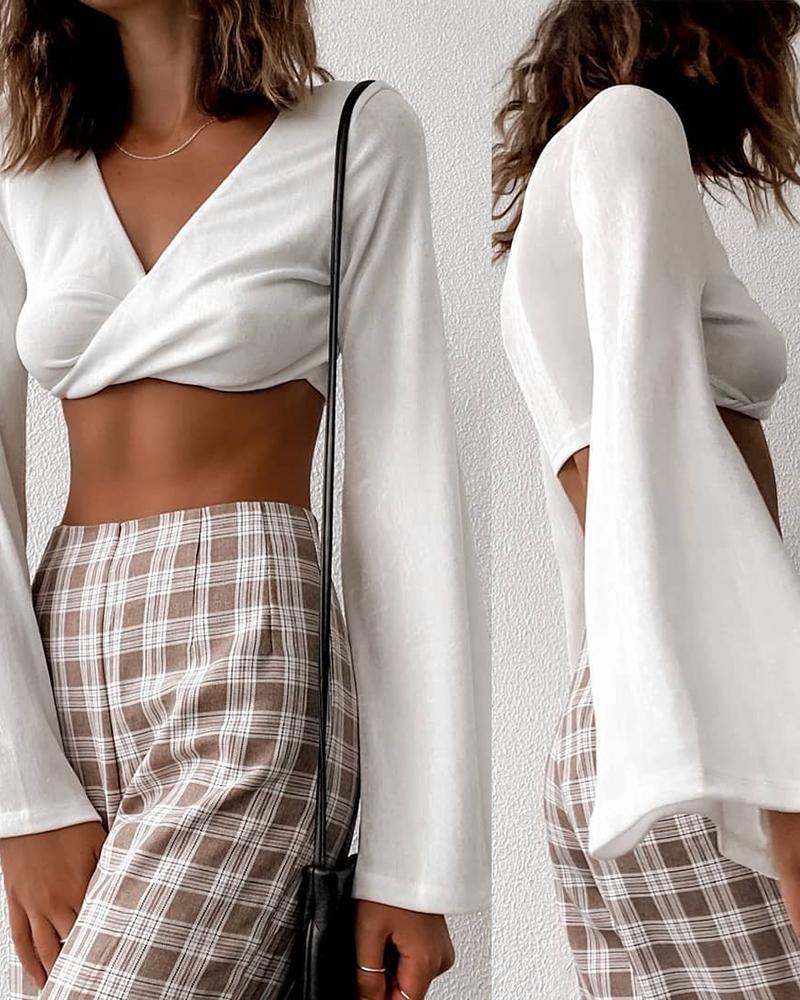 

Plain Bell Sleeve V Neck Crop Top, White
