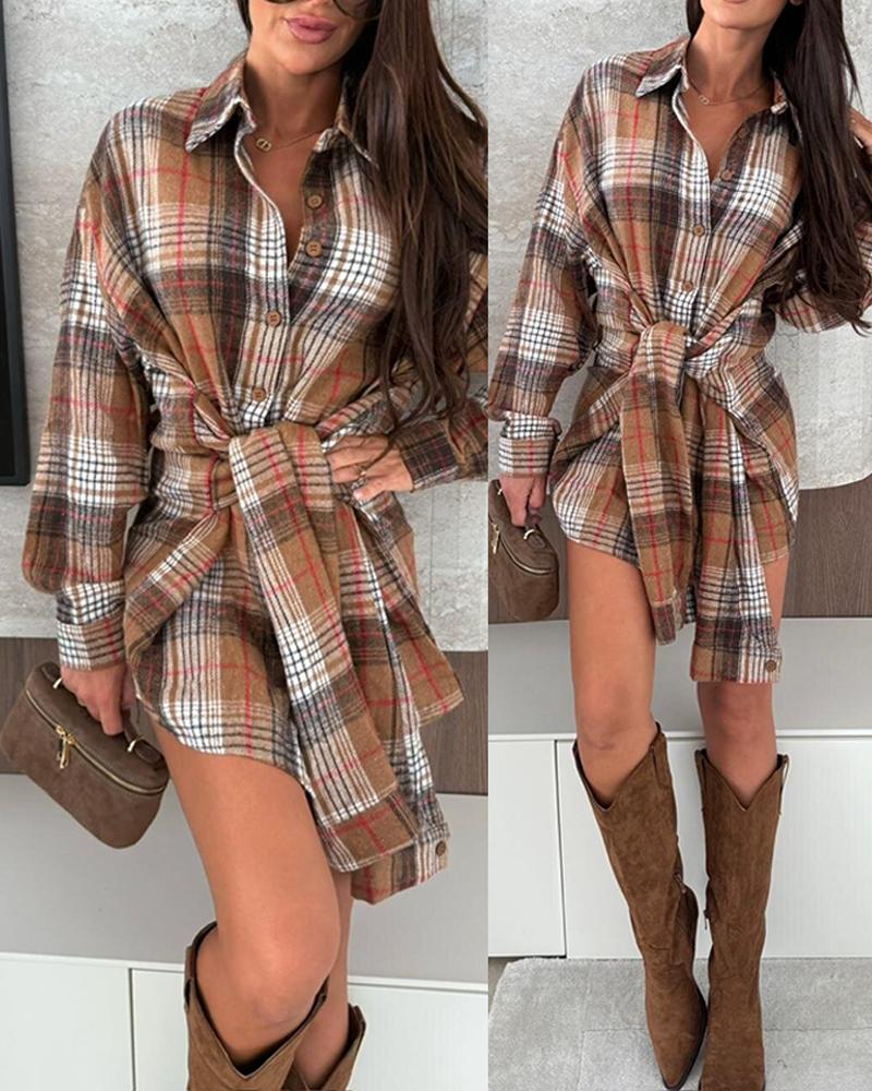 

Vestido camisero de manga larga a cuadros con cuello vuelto, minivestido informal con detalle anudado en la cintura, Brown