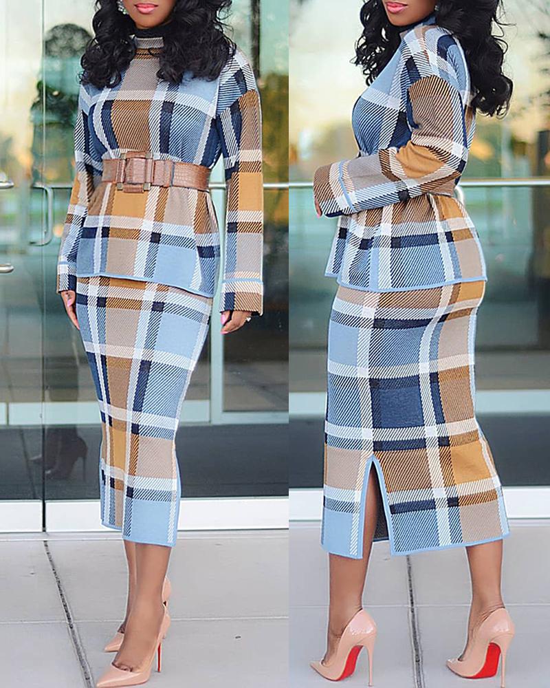 

Plaid Print Mock Neck Long Sleeve Top & Slit Skirt Set, Blue