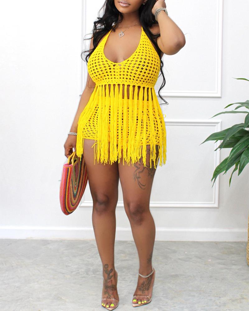 

Crochet Hollow Out Fringe Trim Top & Shorts Set, Yellow