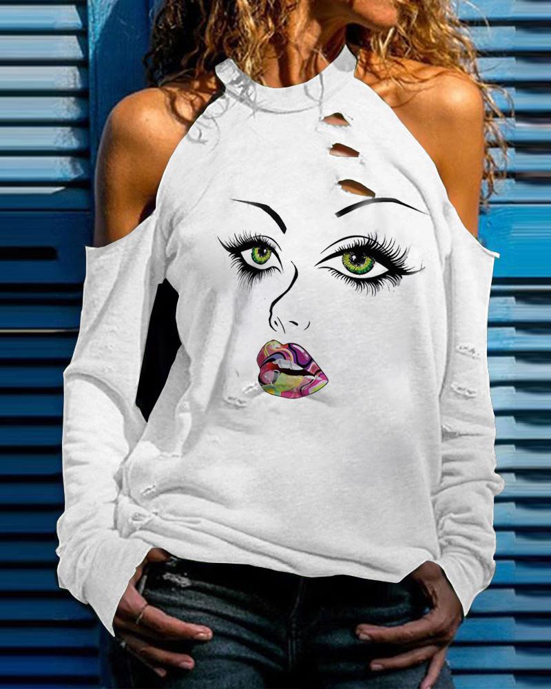 

Figure Print Hollow-out Cold Shoulder Top, White