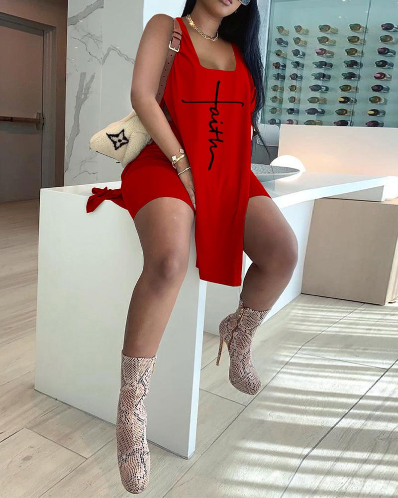 

Letter Print Split Tank Top & Shorts Set, Red