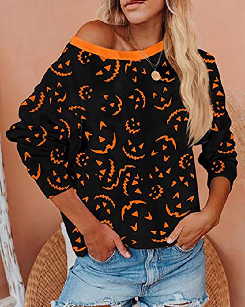 

Halloween Pumpkin Skull Print Long Sleeve Sweatshirt, Black