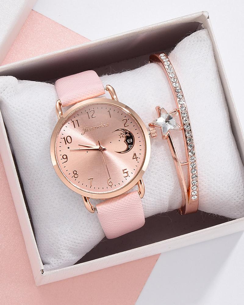 

Moon Print PU Leather Strap Quartz Watch & Rhinestone Bracelet Set, Pink