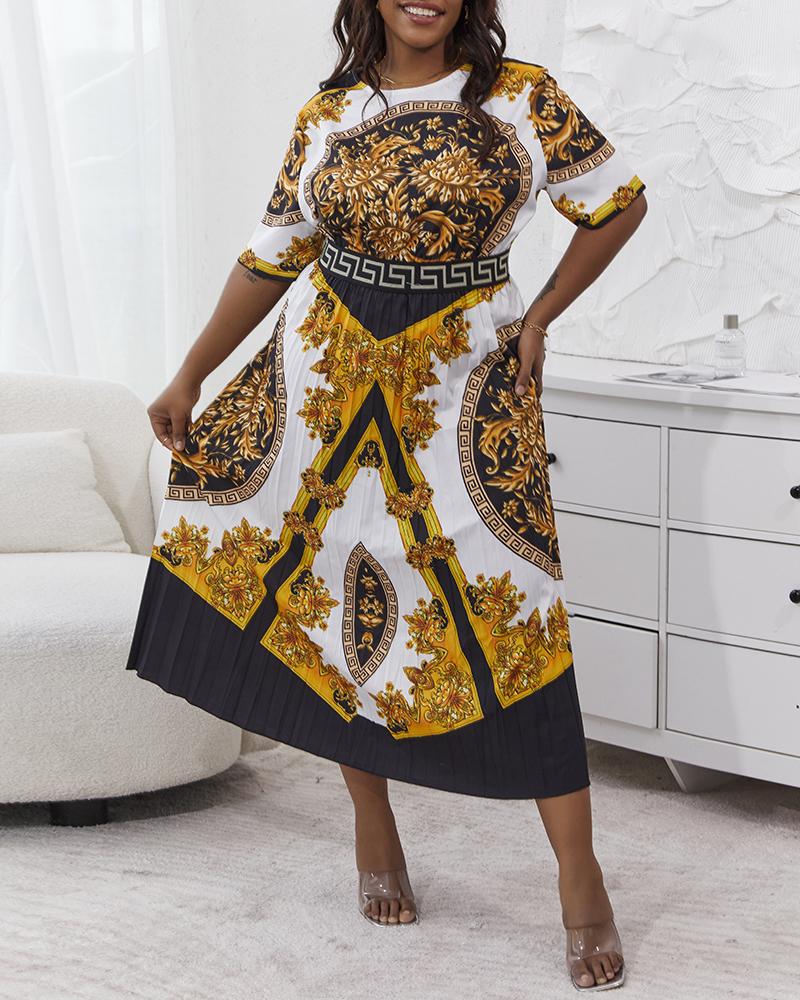 

Plus Size Baroque Print Short Sleeve Pleated Dress, Gold