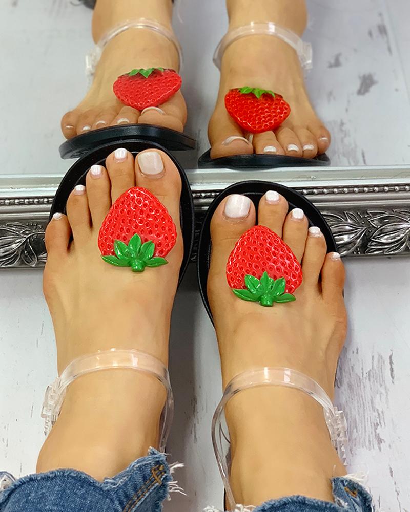 

Transparent Strap Strawberry Pattern Sandals, Black