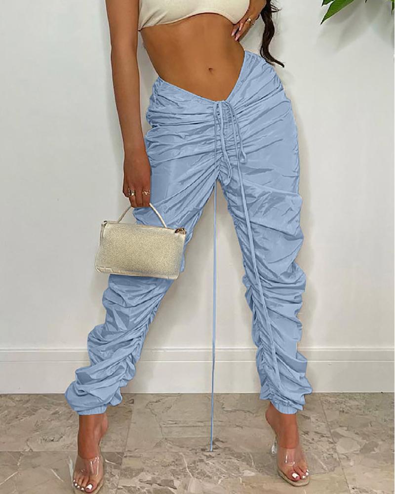 

Drawstring Ruched High Waist Pants, Blue
