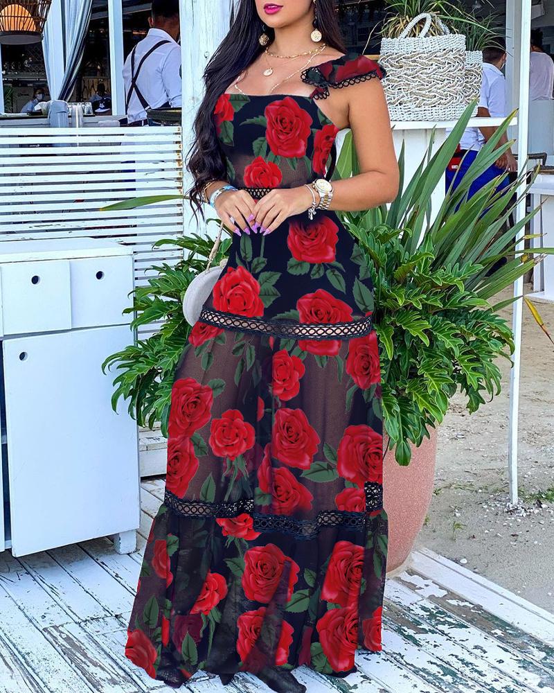 

Floral Print See Through Mesh Lace Contrast Dress, Red