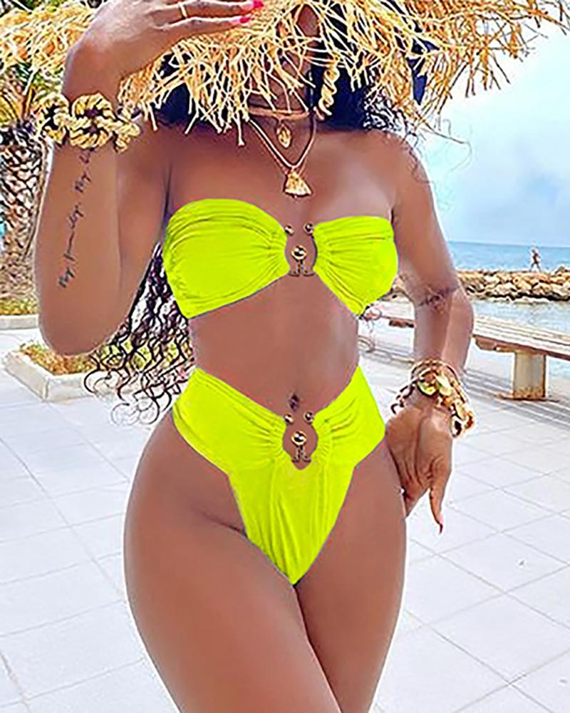 

Sleeveless Bandeau Ruched Bikini Set, Yellow