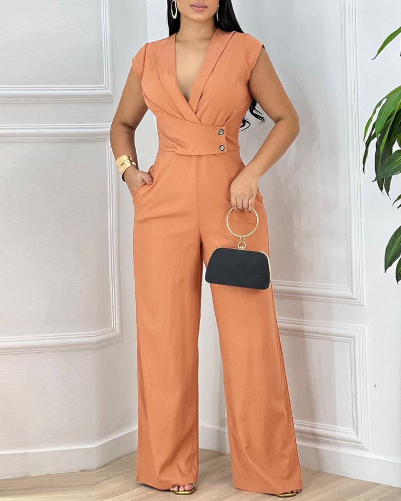 

Mono elegante con escote en V profundo, manga corta, botones delanteros, entrecruzado y pierna ancha, Orange