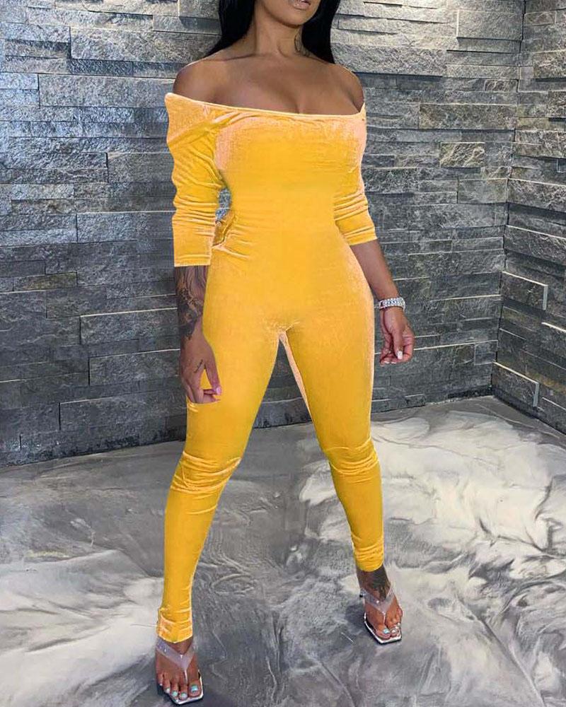 

Velvet Off Shoulder Skinny Jumpsuit, Yellow