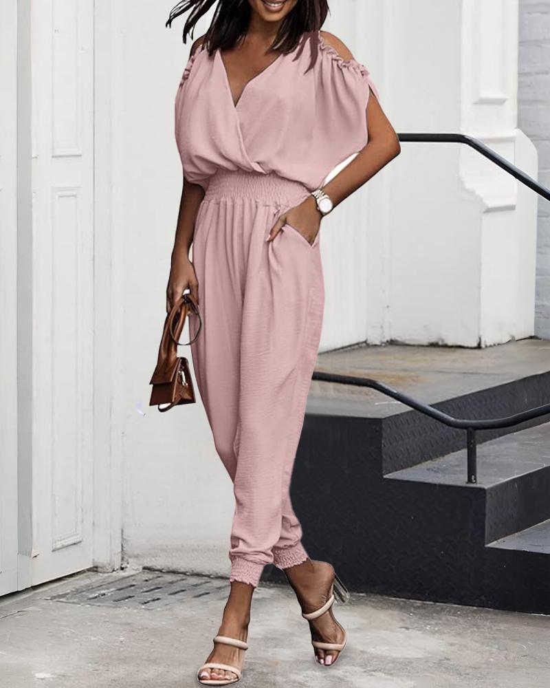 

Cold Shoulder Frill Hem Shirred Tied Detail Jumpsuit, Pink