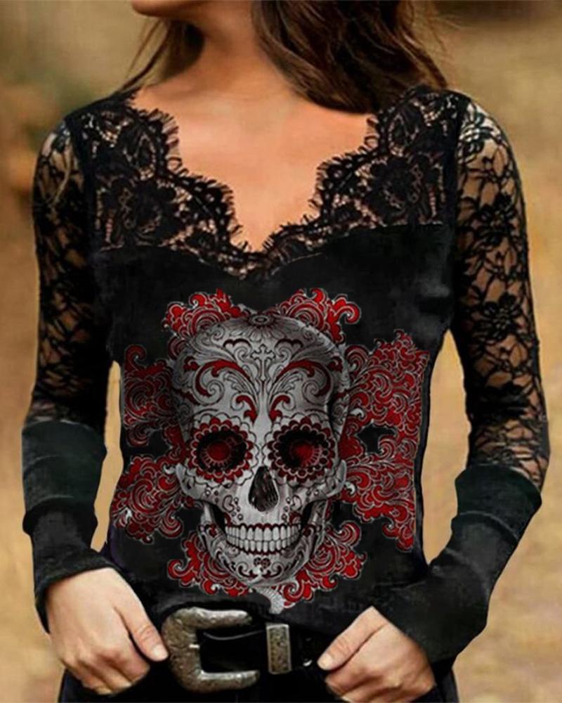 

Halloween Skull Floral Print Contrast Lace Long Sleeve Top, Style2