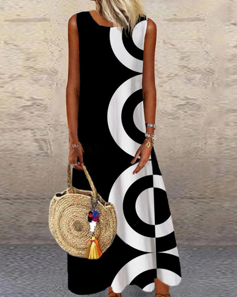 

Colorblock Geometric Print Sleeveless Maxi Dress, Black