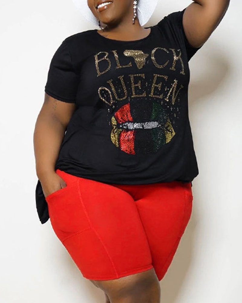 

Plus Size Rhinestone Lip Letter Pattern Top & Shorts Set, Black