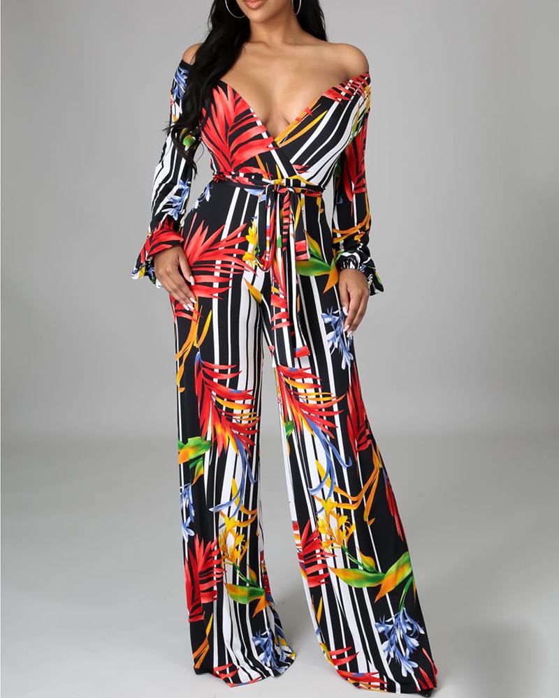 

Leaf Striped Print Tied Detail V-Neck Jumpsuit, Black