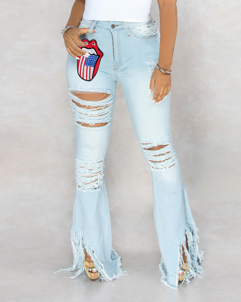 

Lip Flag Print Cutout Ripped Tassel Bootcut Jeans, Lighted blue