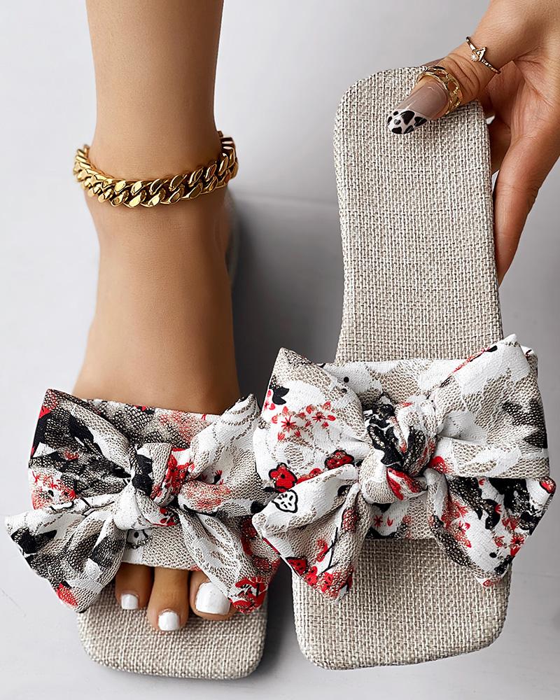 

Floral Print Bowknot Design Slippers Summer Sandals, Red