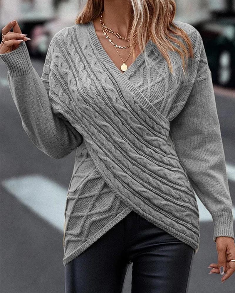 

V-Neck Long Sleeve Overlap Braided Knit Sweater, Gray