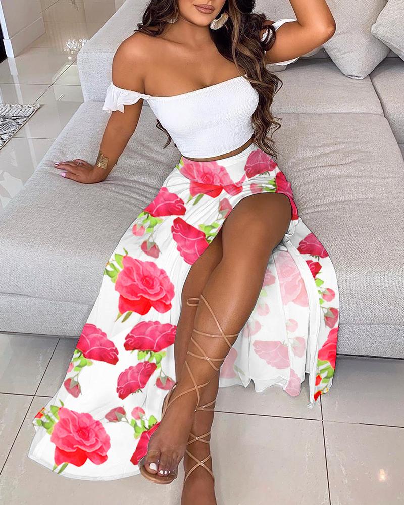 

Off Shoulder Floral Print Top & High Slit Maxi Skirt Sets, White