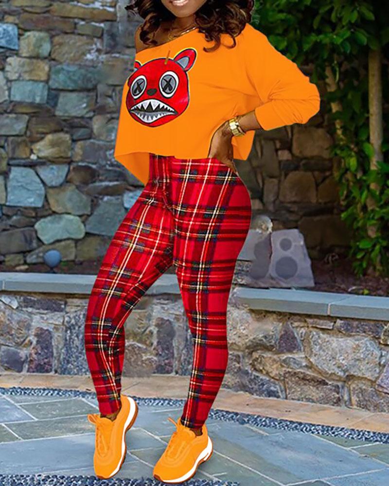 

Cartoon Print Long Sleeve Top & Plaid Pattern Pants Sets, Orange