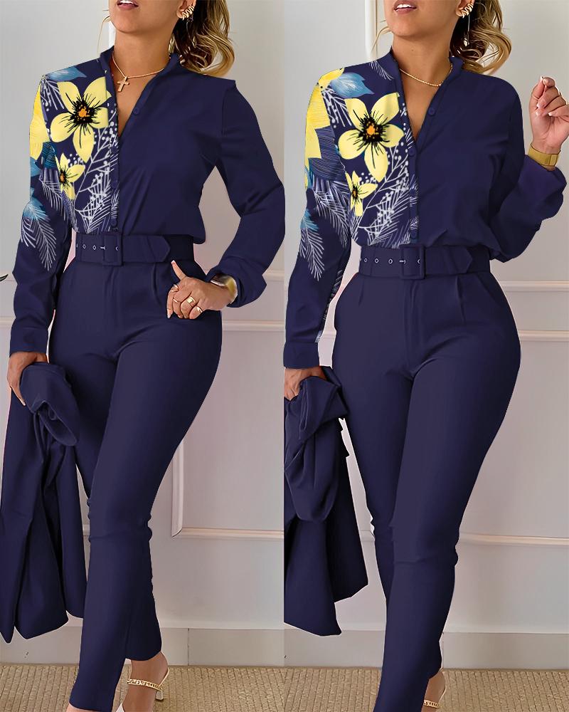 

Tropical Print Shirt & High Waist Pants Set, Blue