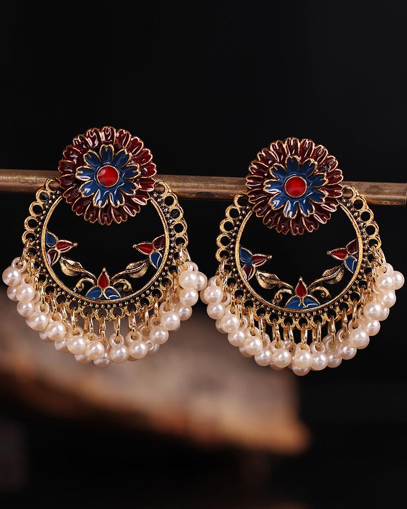 

1Pair Vintage Nationality Floral Beaded Tassel Earrings, Multicolor