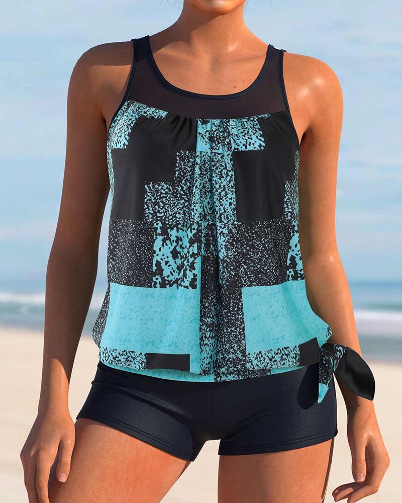 

Paisley Print Contrast Mesh Tankini Set, Blue