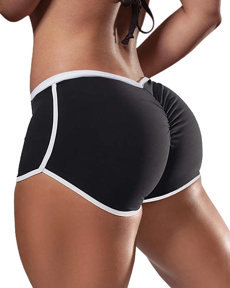 

Low Waist Contrast Binding Ruched Yoga Shorts, Black