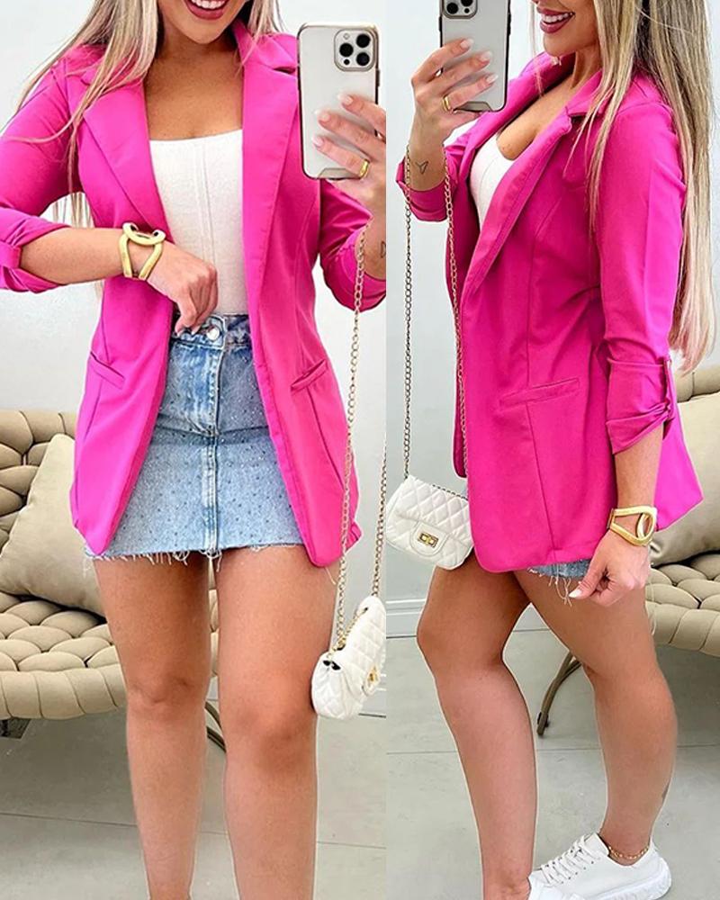 

Notched Collar Open Front Blazer Coat, Hot pink