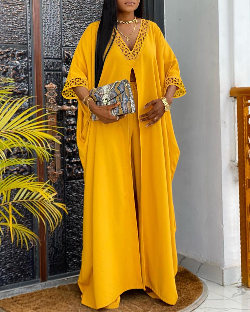 

Contrast Lace High Slit Longline Top & Pants Set, Yellow