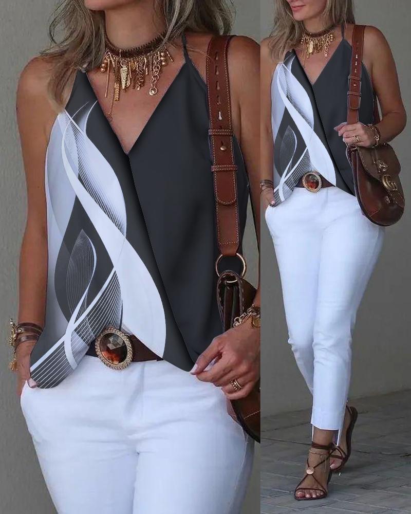 

Abstract Print Colorblock Halter Wrap Tank Top, Black