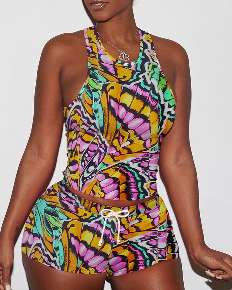 

Butterfly Pattern Print Tank Top & Drawstring Shorts Set, Multicolor
