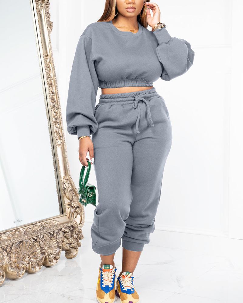 

Long Sleeve Crop Top & Drawstring Pants Set, Gray