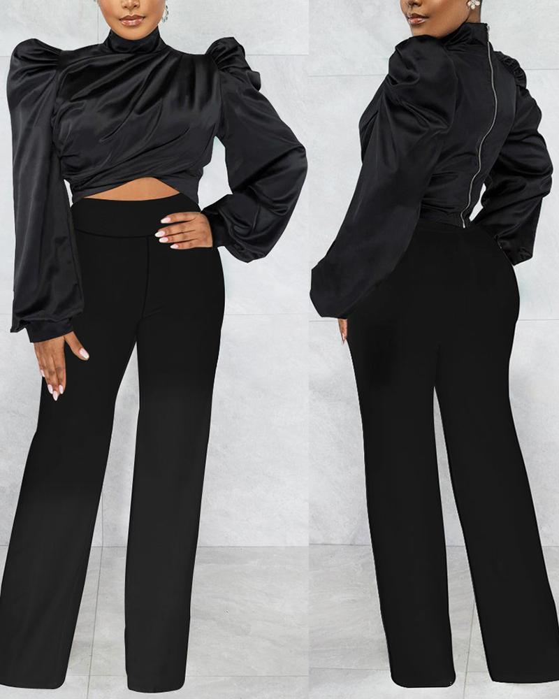 

Puff Sleeve Ruched Top & Wide Leg Pants Set, Black