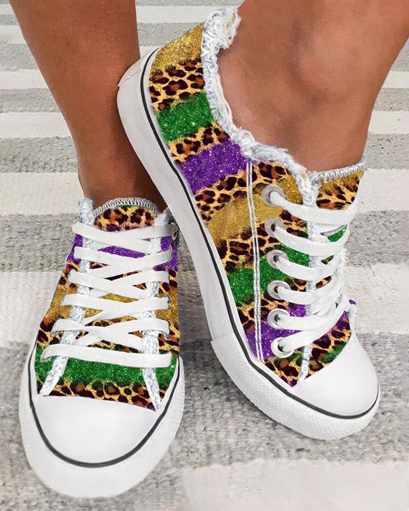 

Mardi Gras Ombre Leopard Print Eyelet Lace-up Fringe Hem Sneakers, Multicolor