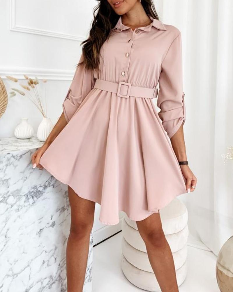 

Roll Up Sleeve Belted Shirt Dress, Pink