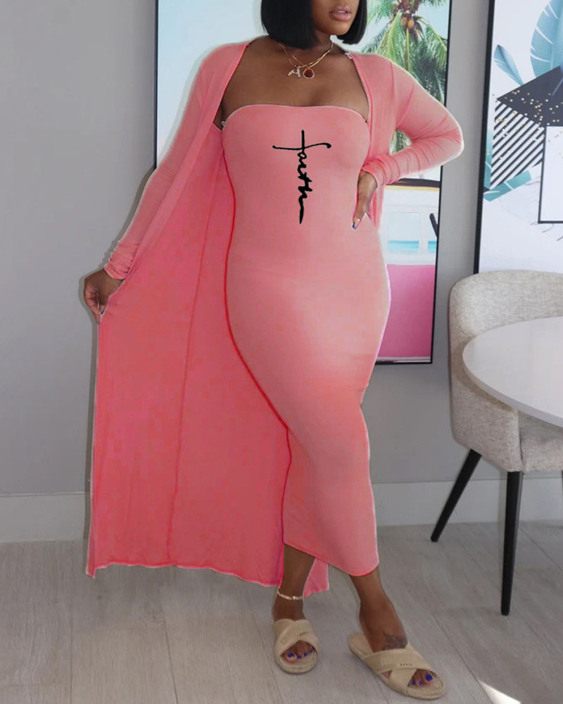 

Letter Print Bodycon Tube Dress With Cardigan, Pink