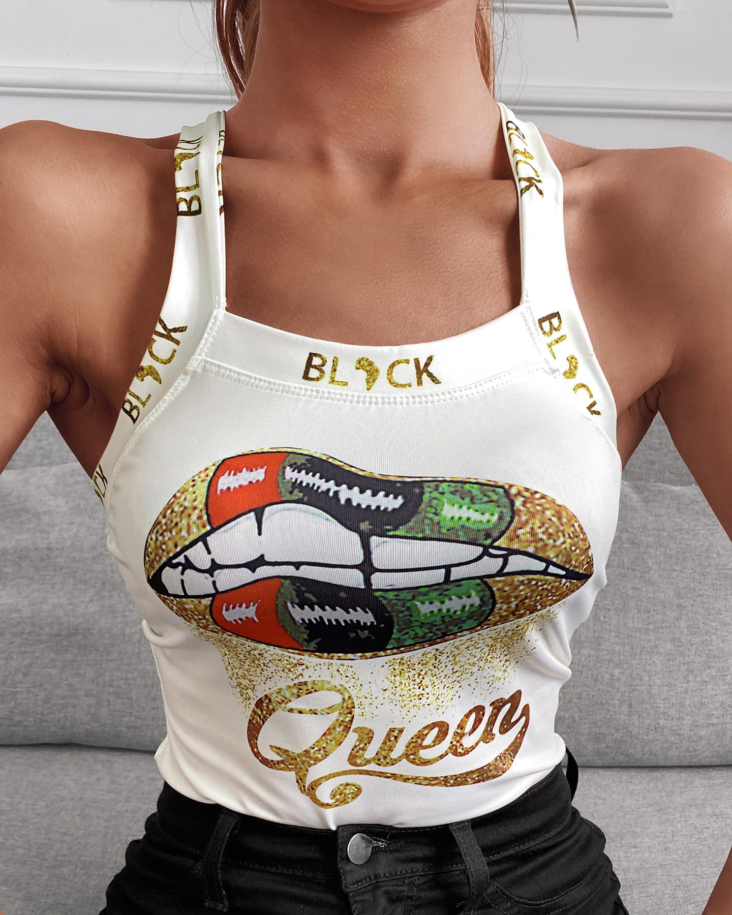 

Glittering Lip/Queen Print U-neck Tank Top, White