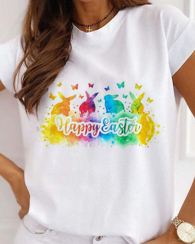 

Happy Easter Bunny Letter Print Casual T-shirt, White